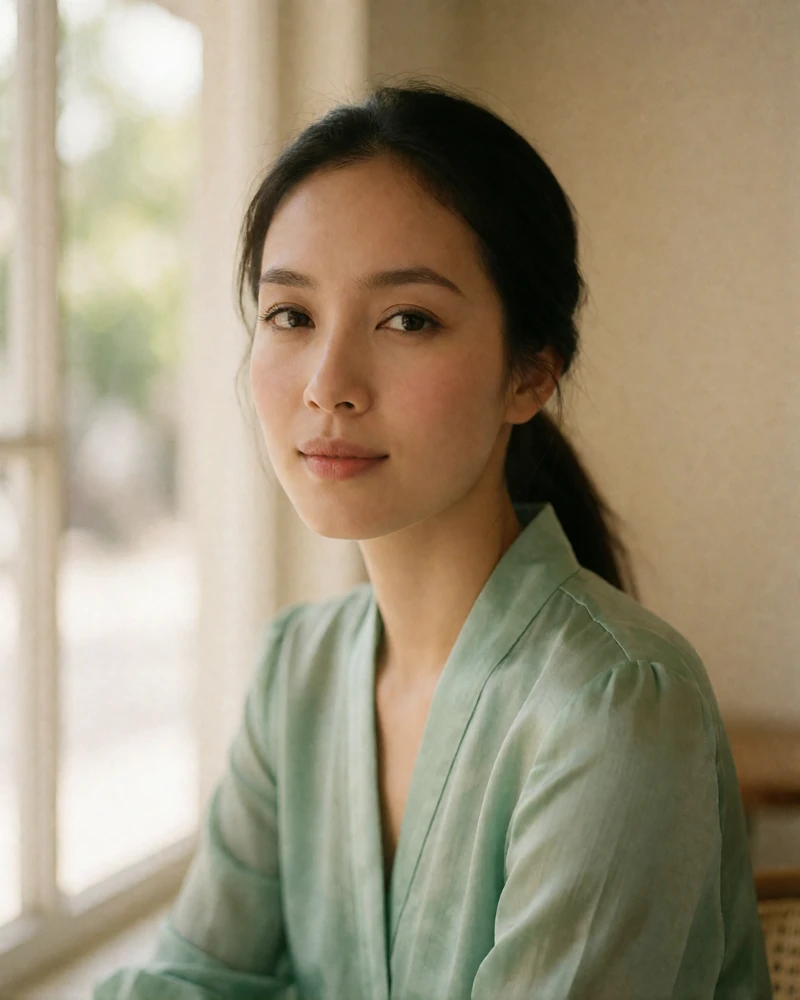 Thai member in a jade-green blouse beside a bright café window