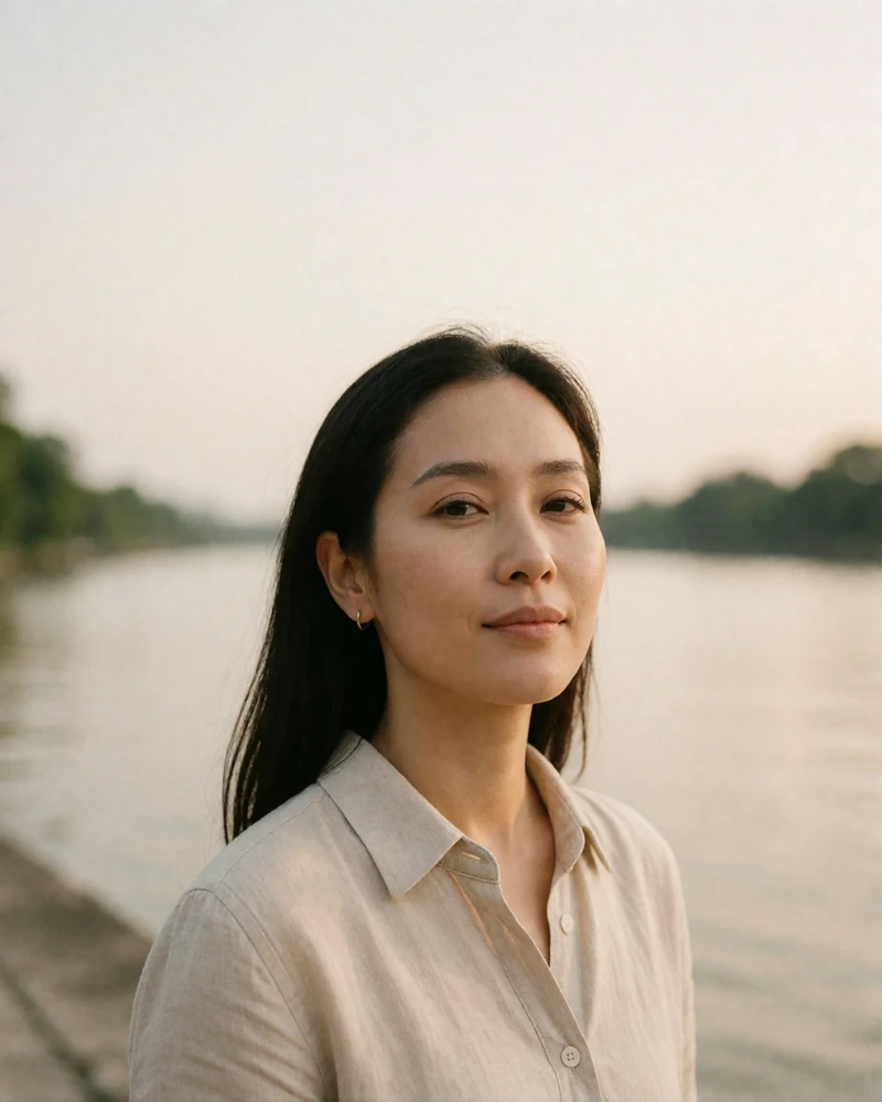 Malaysian member in a beige linen shirt standing along a calm riverfront walkway in Kuching