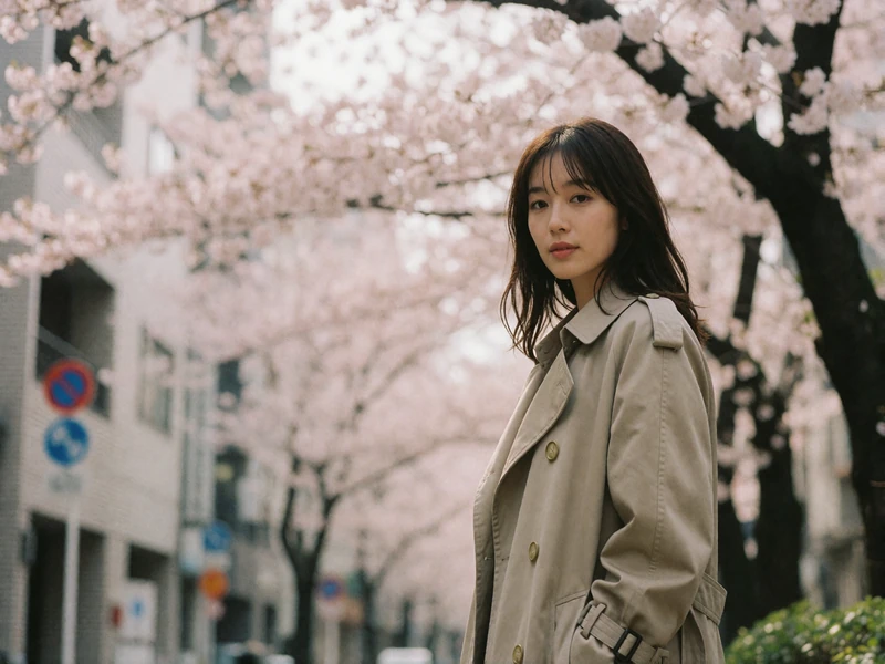 Japanese woman in a beige trench coat on a quiet Tokyo street under cherry blossom