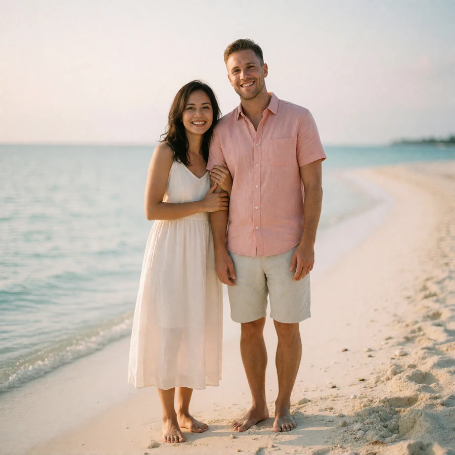 Couple standing barefoot together on a pale sand shoreline, the woman's arm linked through the man's