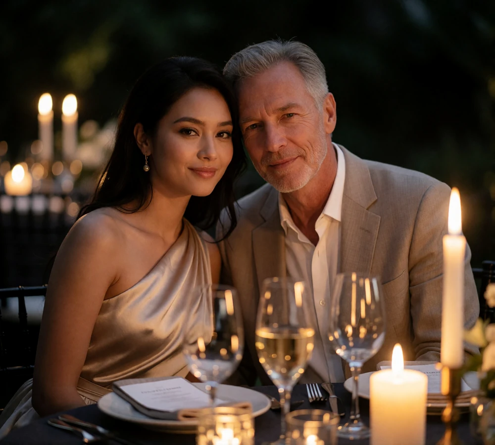 Couple seated close together at a candlelit outdoor dinner table, both smiling toward the camera