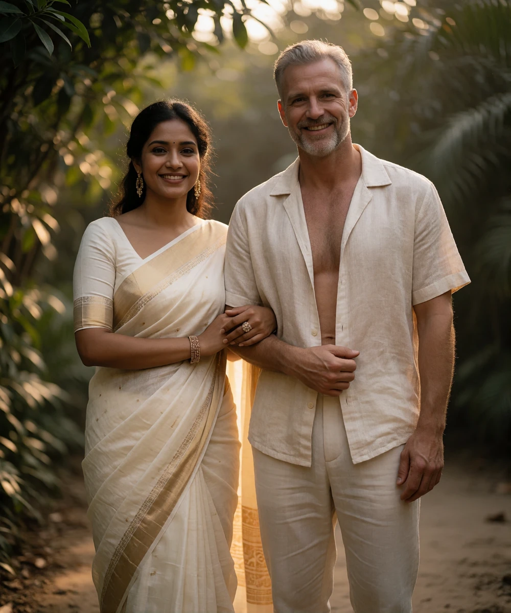 Bangladeshi woman and Western man smiling together on a garden path in warm afternoon light