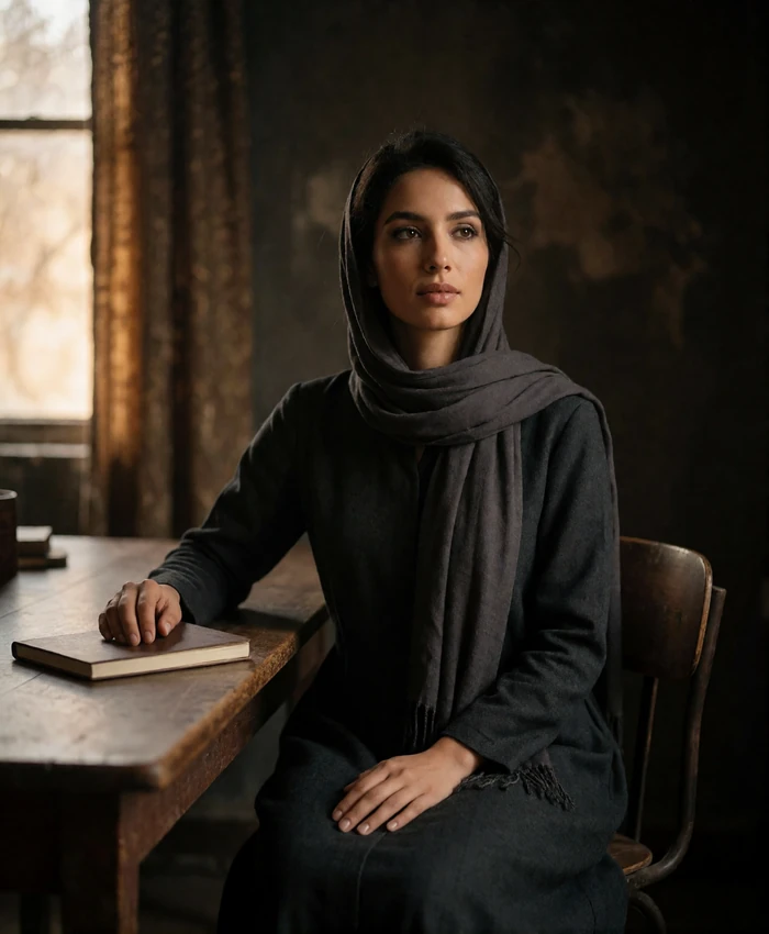 Yemeni woman seated at a wooden desk in a dim study wearing charcoal