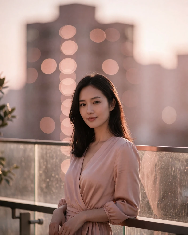 Chinese member in a blush wrap dress on an upscale rooftop terrace at dusk