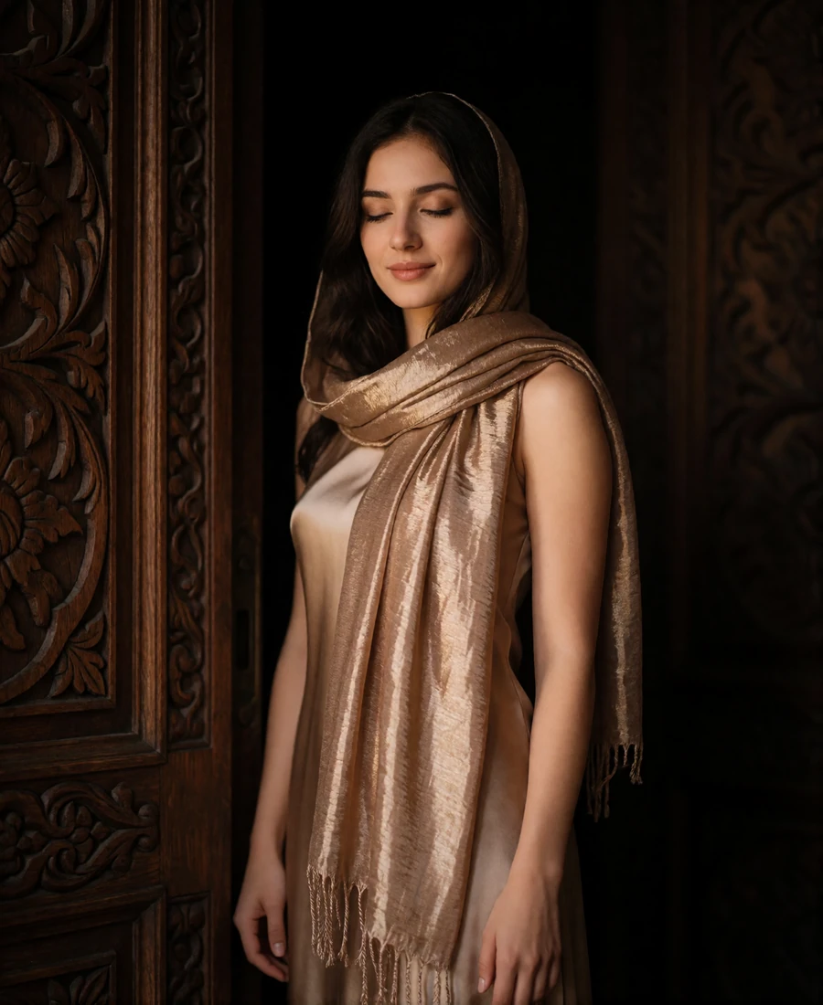 Afghan member in a bronze scarf near a carved wooden doorway in Bamyan