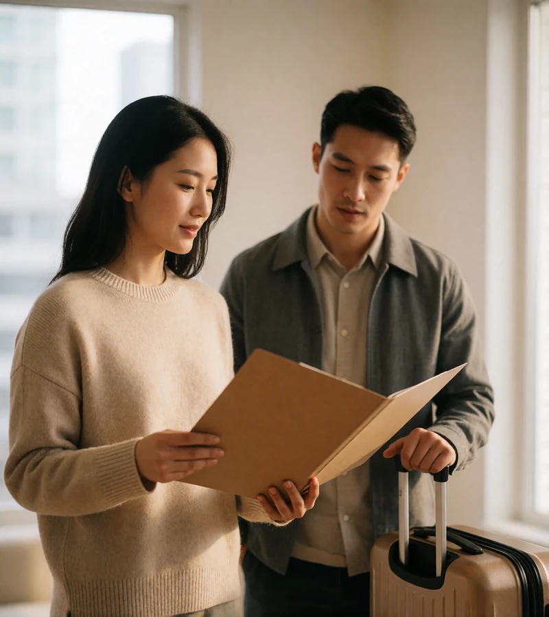Couple reviewing an open folder together in a bright apartment entrance hall beside a packed suitcase