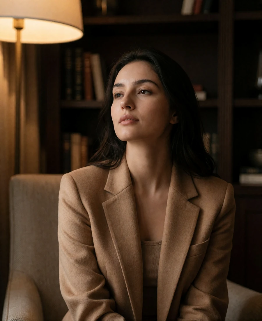 Uzbek member in a warm camel blazer seated in a quiet hotel library with dim shelving behind her