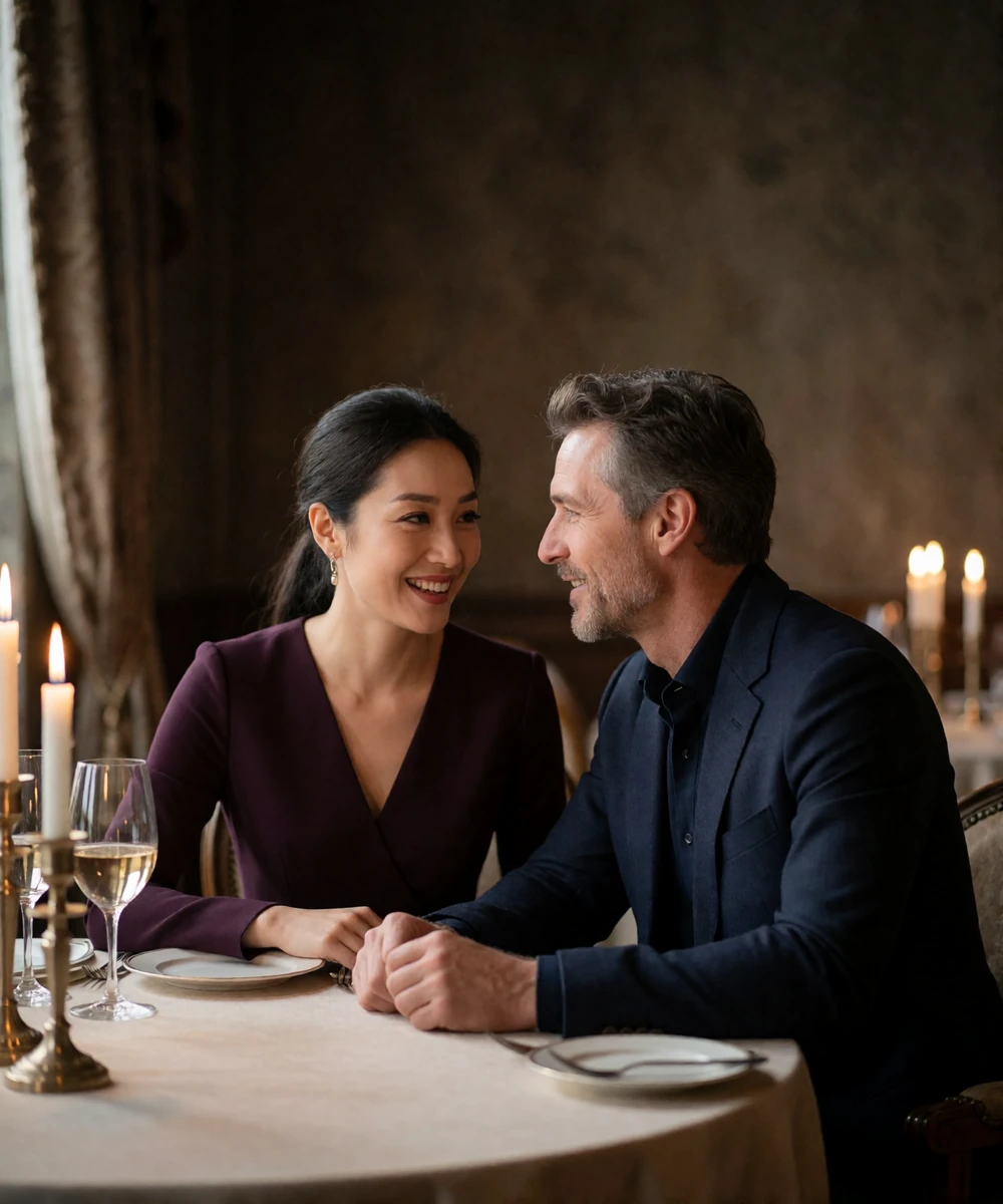 Couple sharing a quiet moment at a corner table in a fine dining room, leaning toward one another