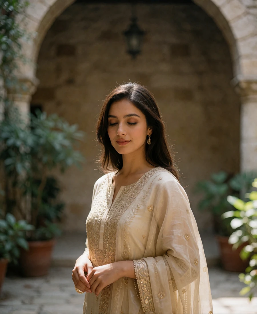 Pakistani member in an ivory embroidered kameez standing in a stone courtyard with a soft smile