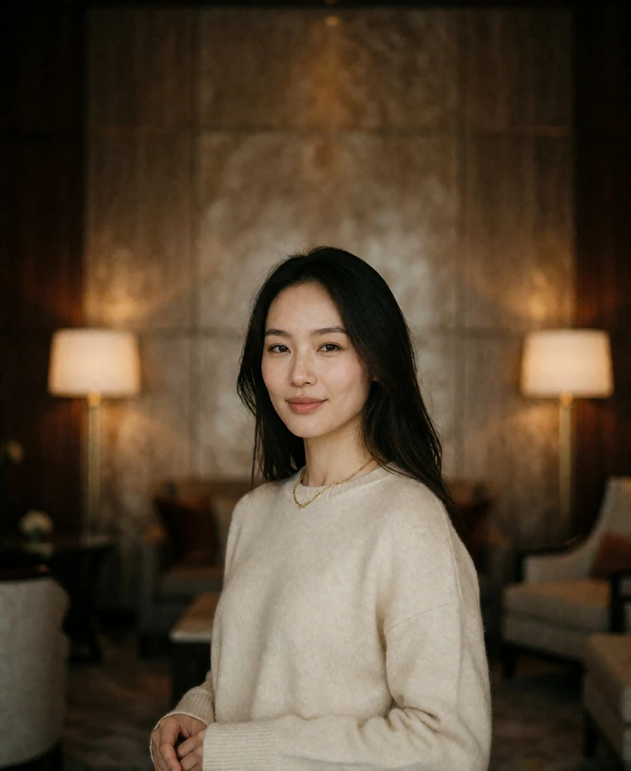 Mongolian member in a cream cashmere sweater smiling in an upscale hotel lobby
