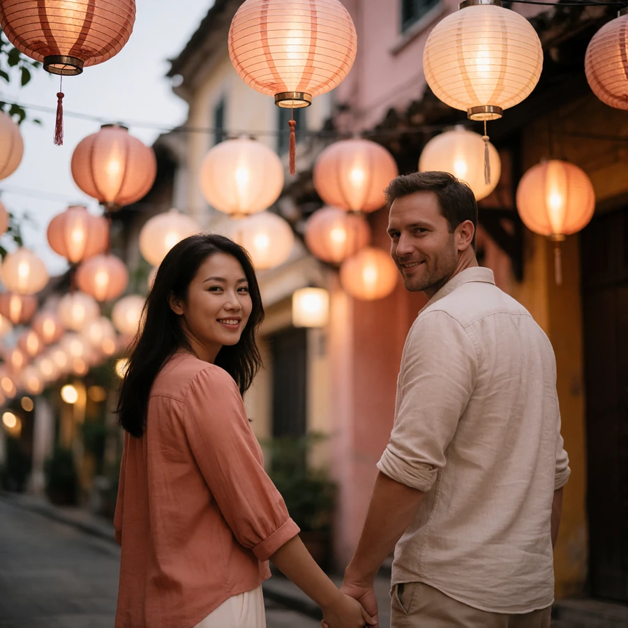 Couple walking hand in hand along an old-town street strung with round paper lanterns at dusk