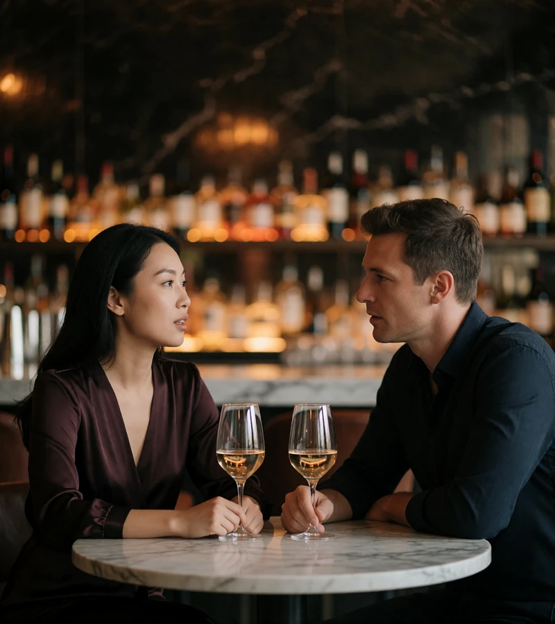 Asian woman and man in candid conversation over drinks at an intimate upscale wine bar table