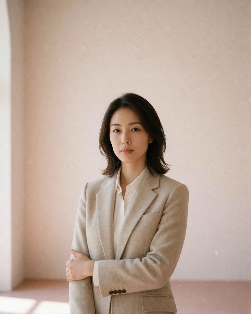 Japanese member in a tailored oatmeal blazer standing calmly in a bright minimalist gallery space