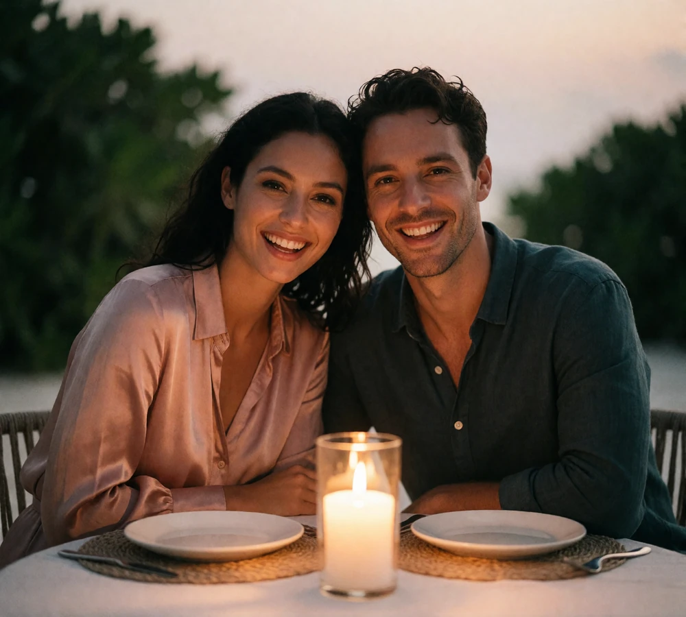 Couple seated at a small candlelit outdoor dining table, laughing softly and looking toward the camera