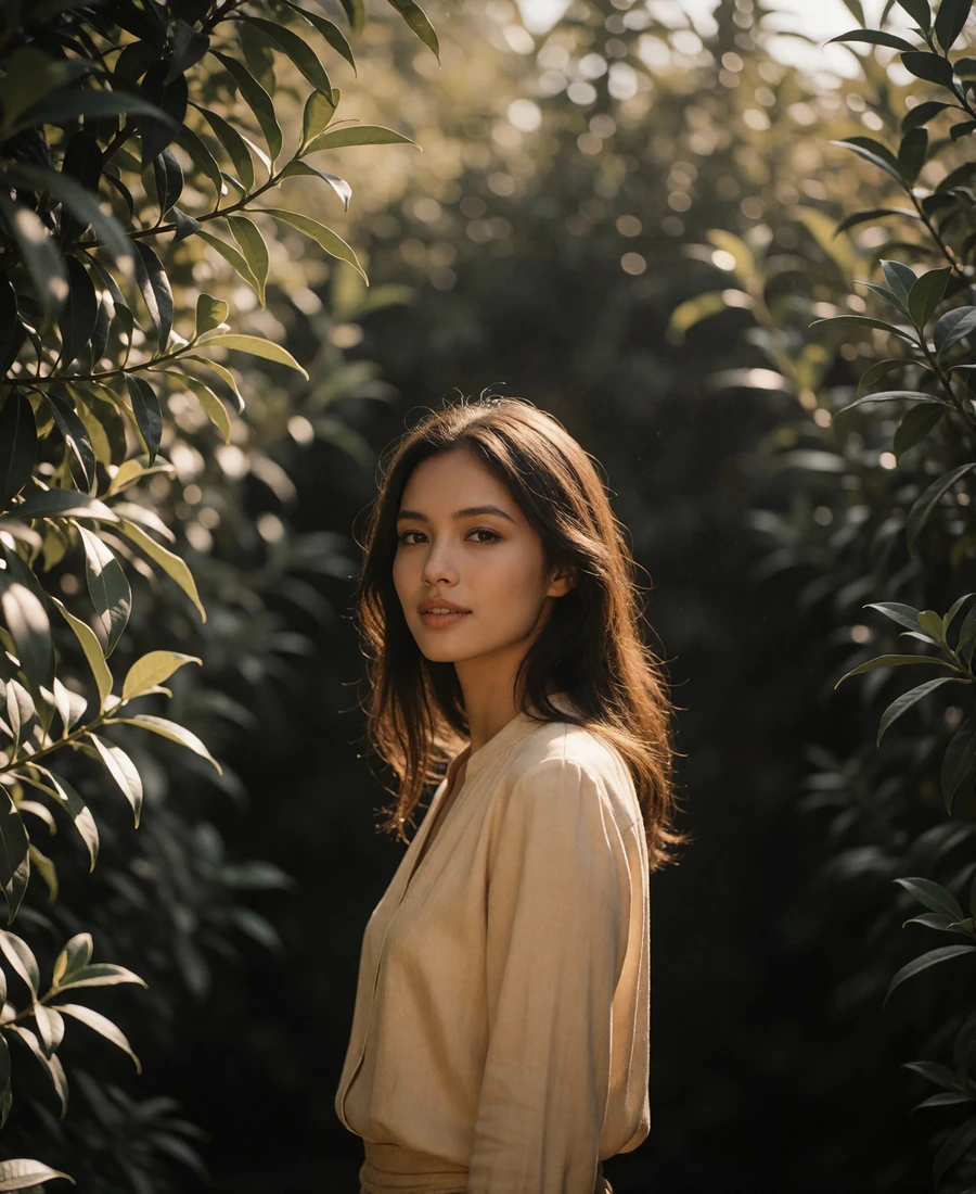 Burmese member in a light sand-toned blouse standing among green foliage in a shaded garden
