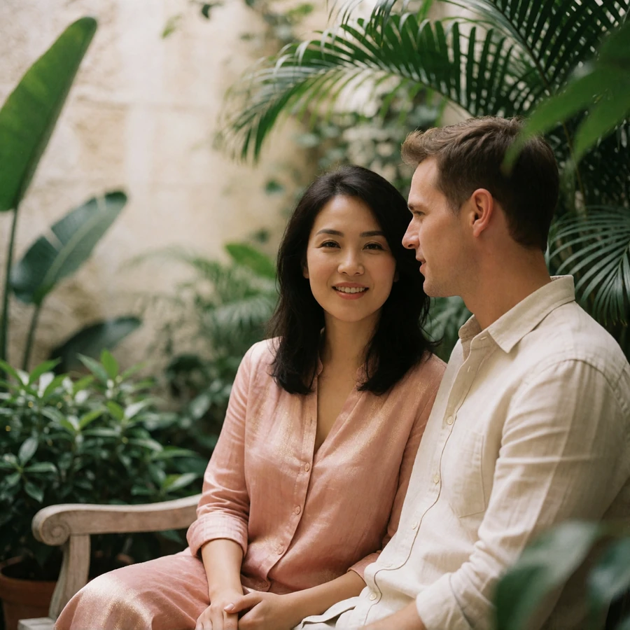 Couple seated together on a garden terrace bench surrounded by tropical plants, smiling toward the camera