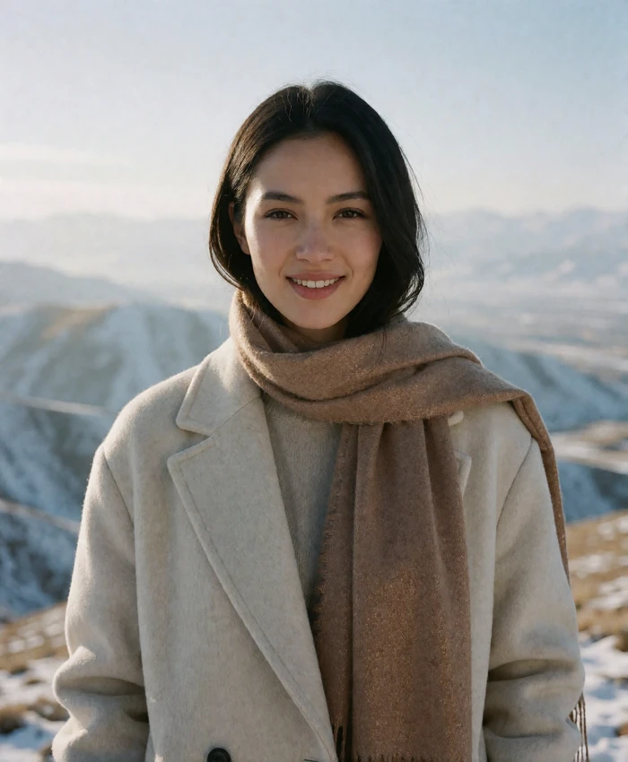 Kyrgyz member in a cream wool coat standing on an open highland viewpoint with mountains behind her
