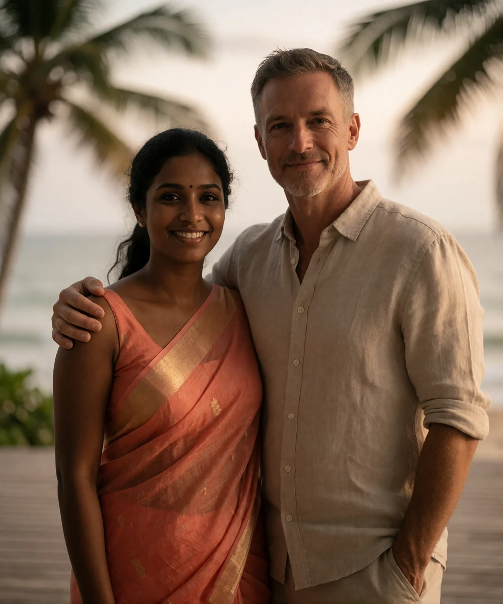 Couple standing together on a shaded seaside terrace in Sri Lanka with a hazy ocean horizon behind them