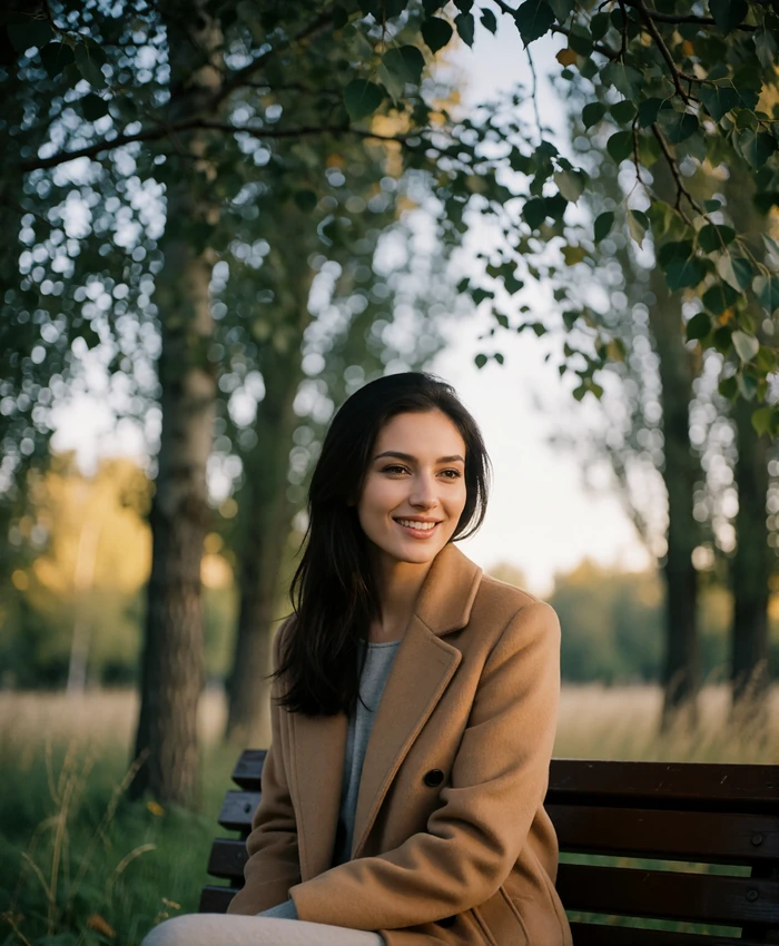 Turkmen member in a camel coat sitting on a park bench beneath tall trees