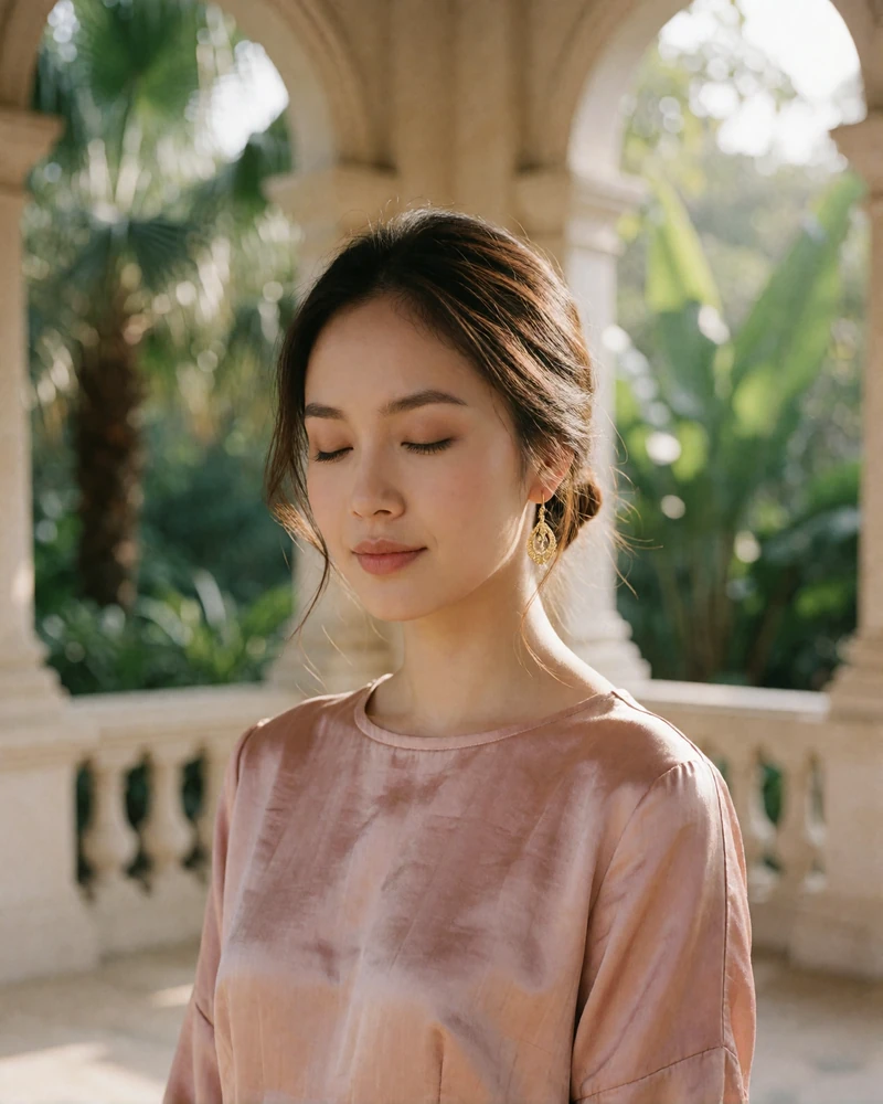 Thai member in a dusty-rose silk top standing in a tropical garden pavilion