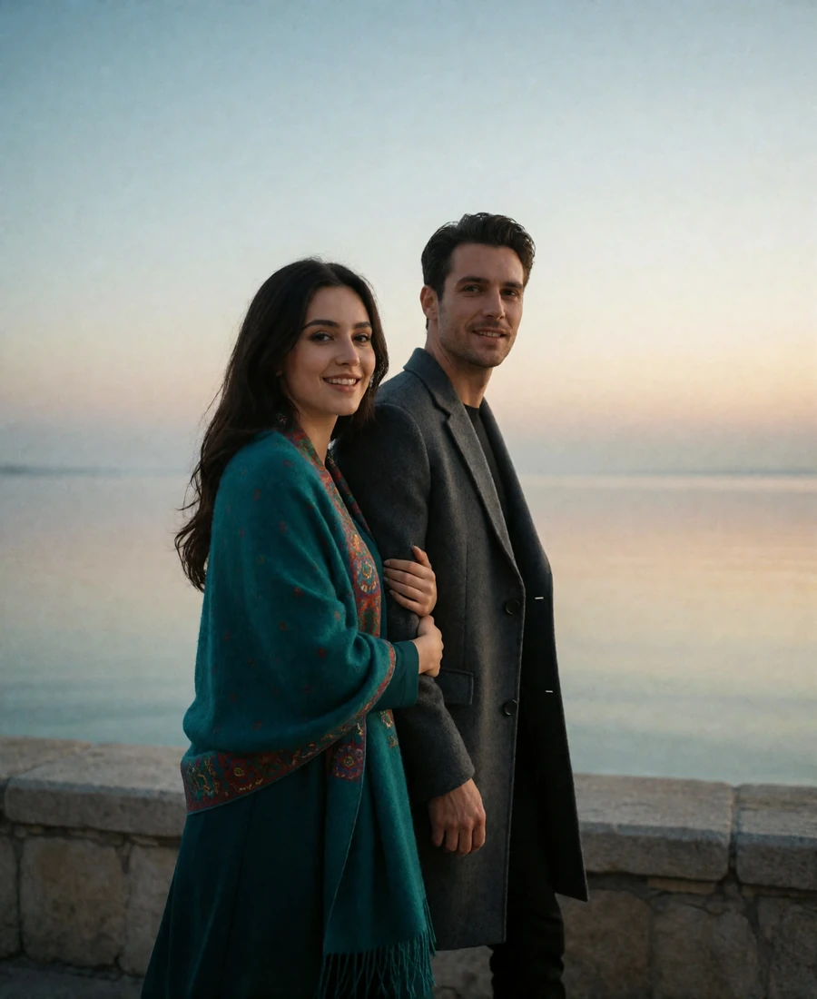 Couple walking arm in arm along a quiet stone promenade at dusk, a Turkmen woman in a teal shawl beside a man in a grey overcoat