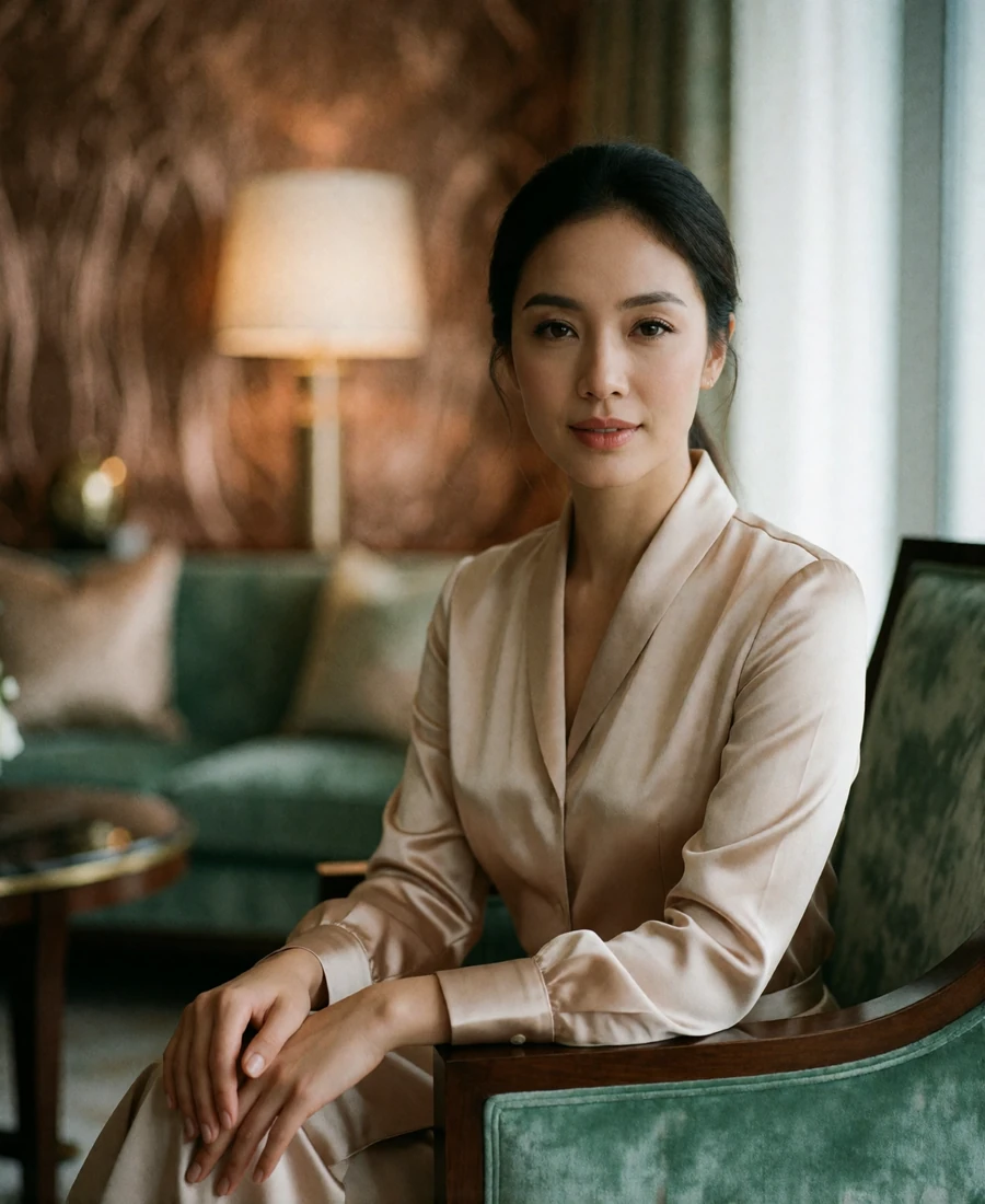 Verified Thai member in a champagne silk blouse seated in a luxury hotel lounge