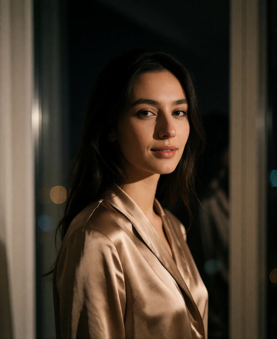 Uzbek member in a bronze satin blouse standing near a window at night with soft city light behind her