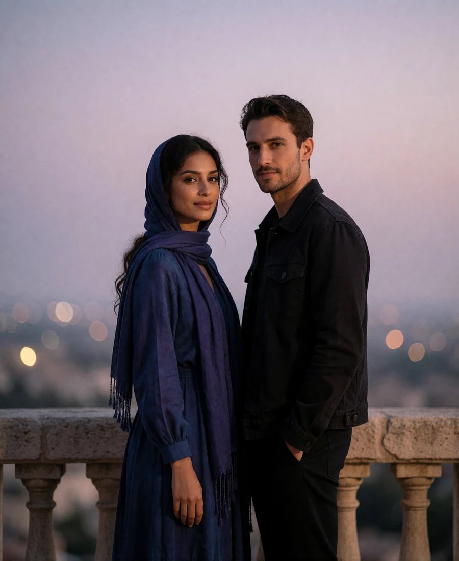 Couple standing together on a stone terrace at dusk, a Yemeni woman in an indigo dress beside a man in a dark jacket