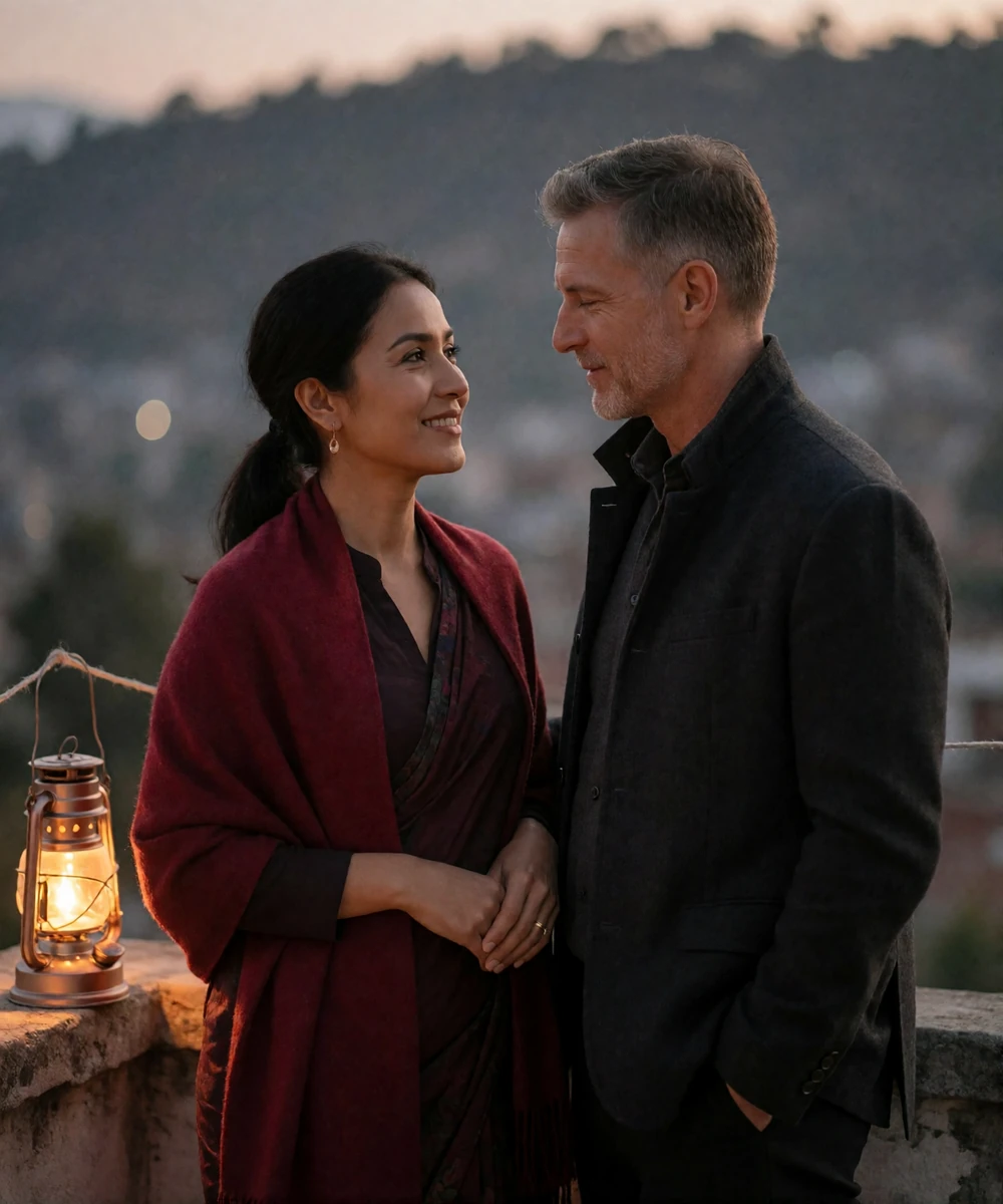 Couple standing close together on a rooftop terrace at dusk with a soft valley haze behind them