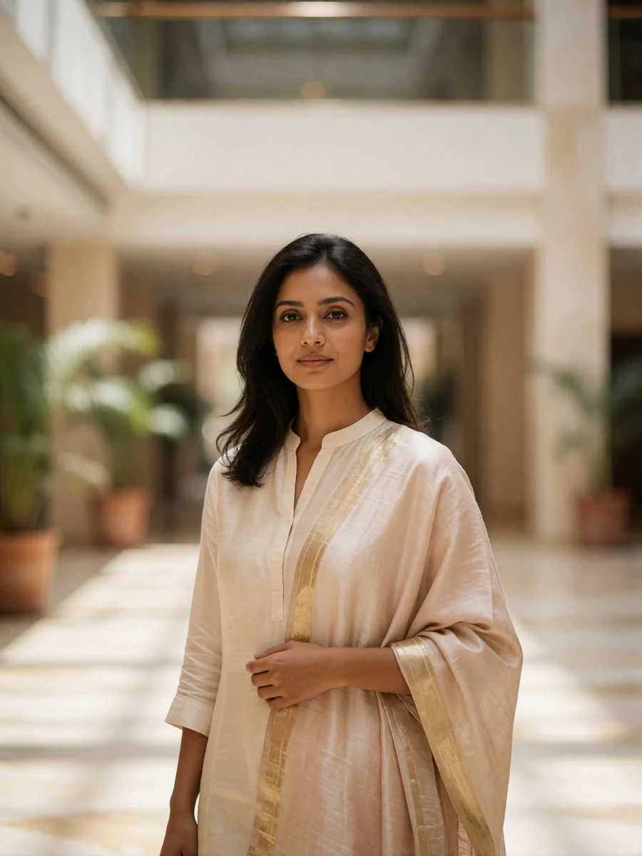 Poised Indian woman in a tailored ivory silk kurta standing in a bright modern atrium