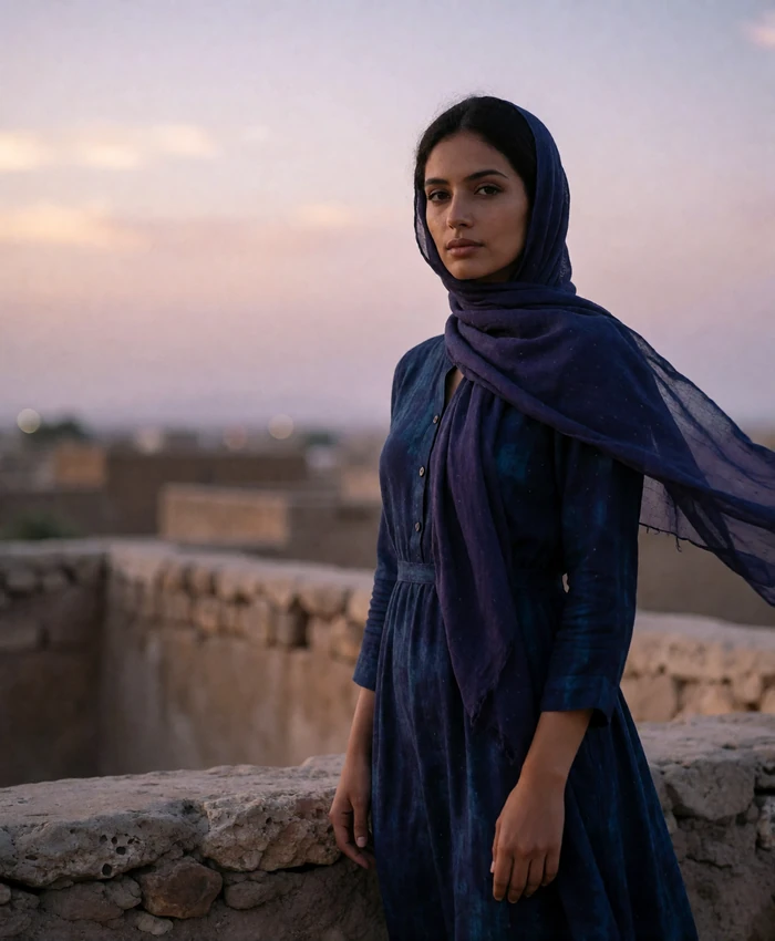 Yemeni woman standing on a stone rooftop terrace at dusk in an indigo dress