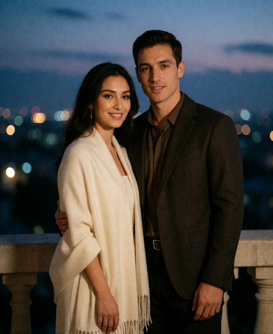 Couple standing close together on a stone balcony at dusk with city lights softly blurred behind them