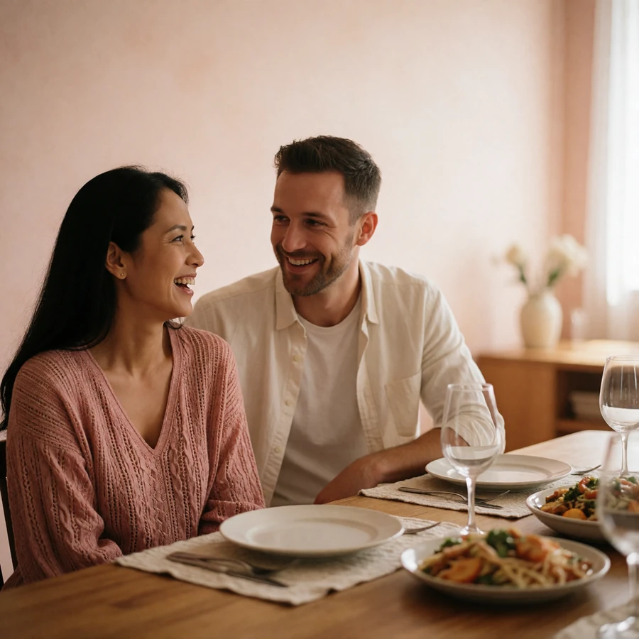 Couple seated close at a long wooden table set for a shared meal, laughing together