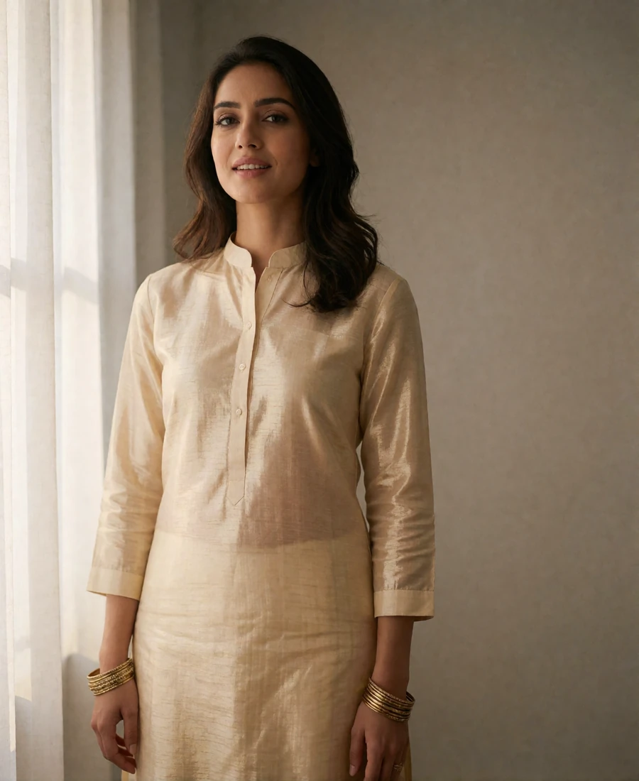 Pakistani member in a cream tailored kurta photographed against a warm grey studio backdrop