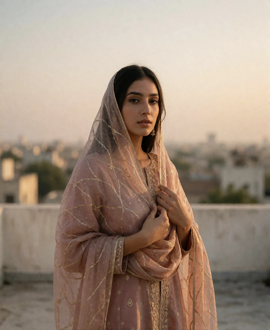 Pakistani member in a dusty rose ensemble standing on a shaded rooftop at golden hour