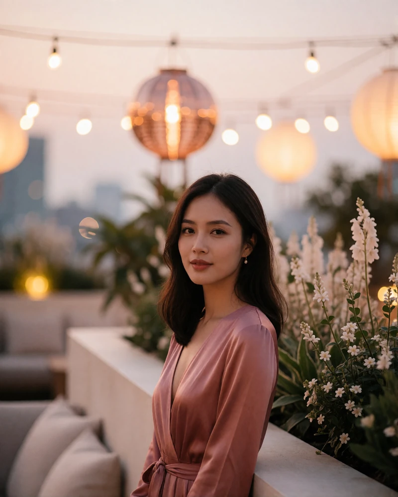 Vietnamese member in a deep rose dress on a rooftop lounge among warm evening lantern light