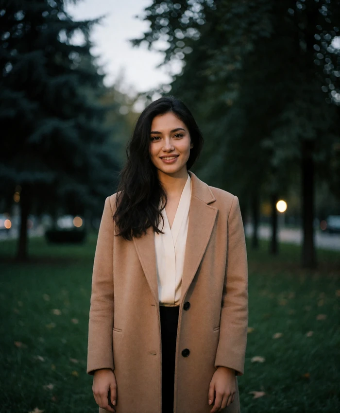 Kyrgyz member in a camel coat smiling in a tree-lined city park at dusk