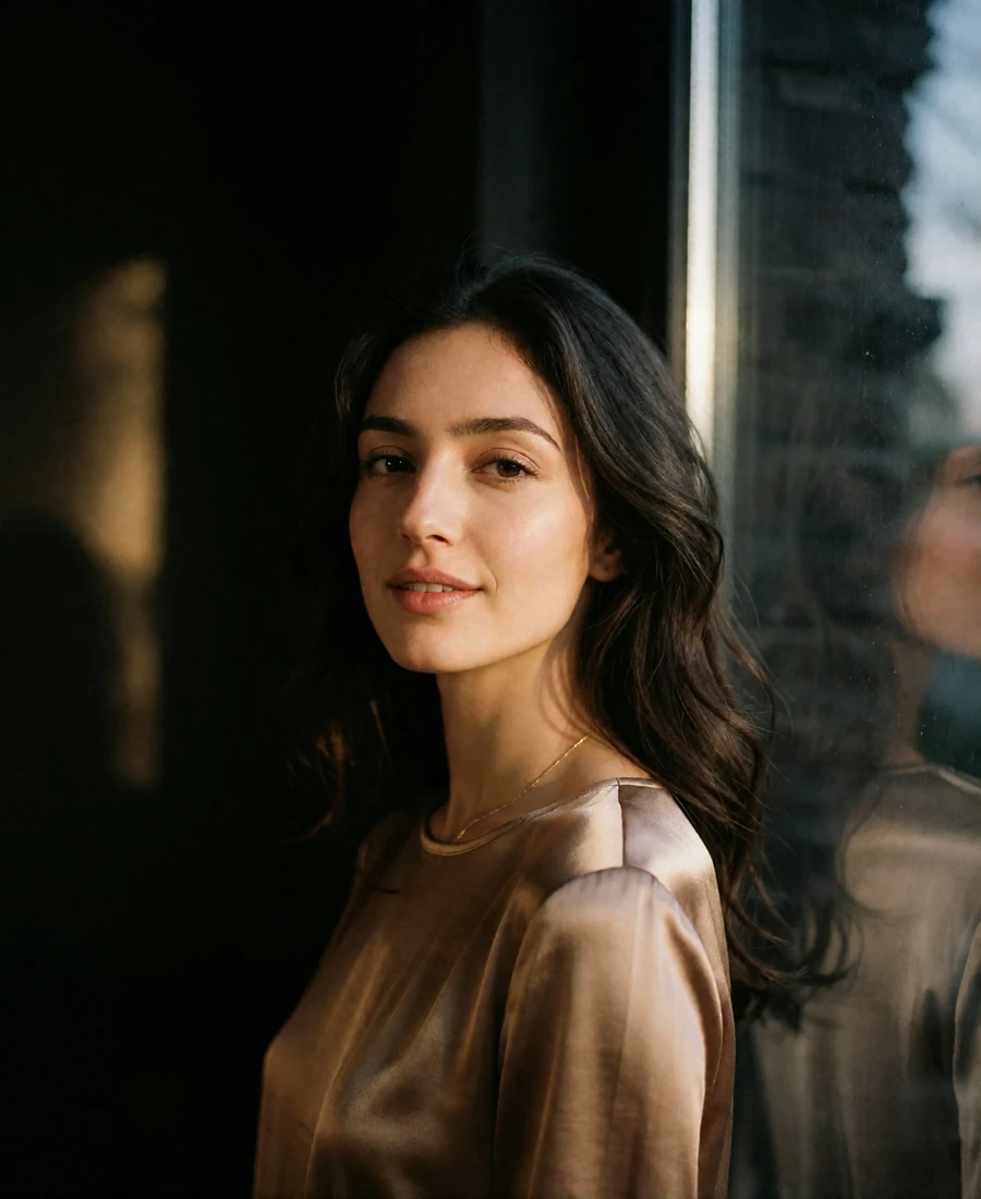 Armenian member in a bronze satin top standing near a tall darkened window