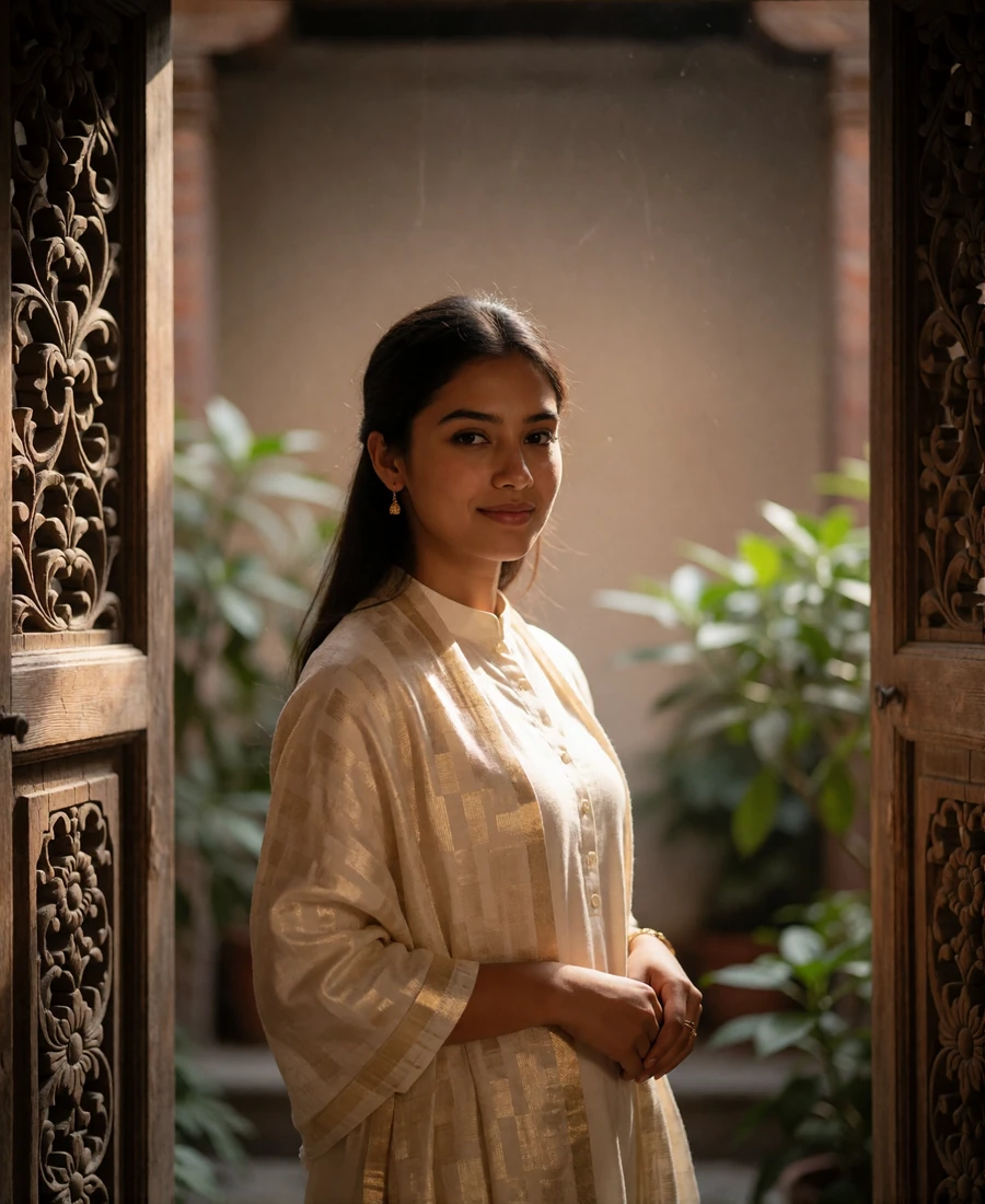 Nepali member in an ivory kurta standing beside carved wooden shutters in a quiet courtyard