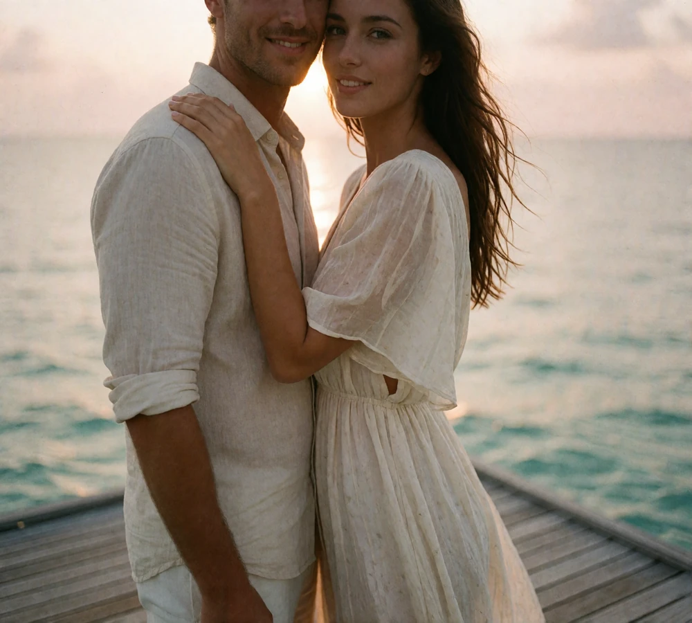 Couple standing close together on a wooden deck above calm water at sunset, the woman resting her hand on her partner's shoulder