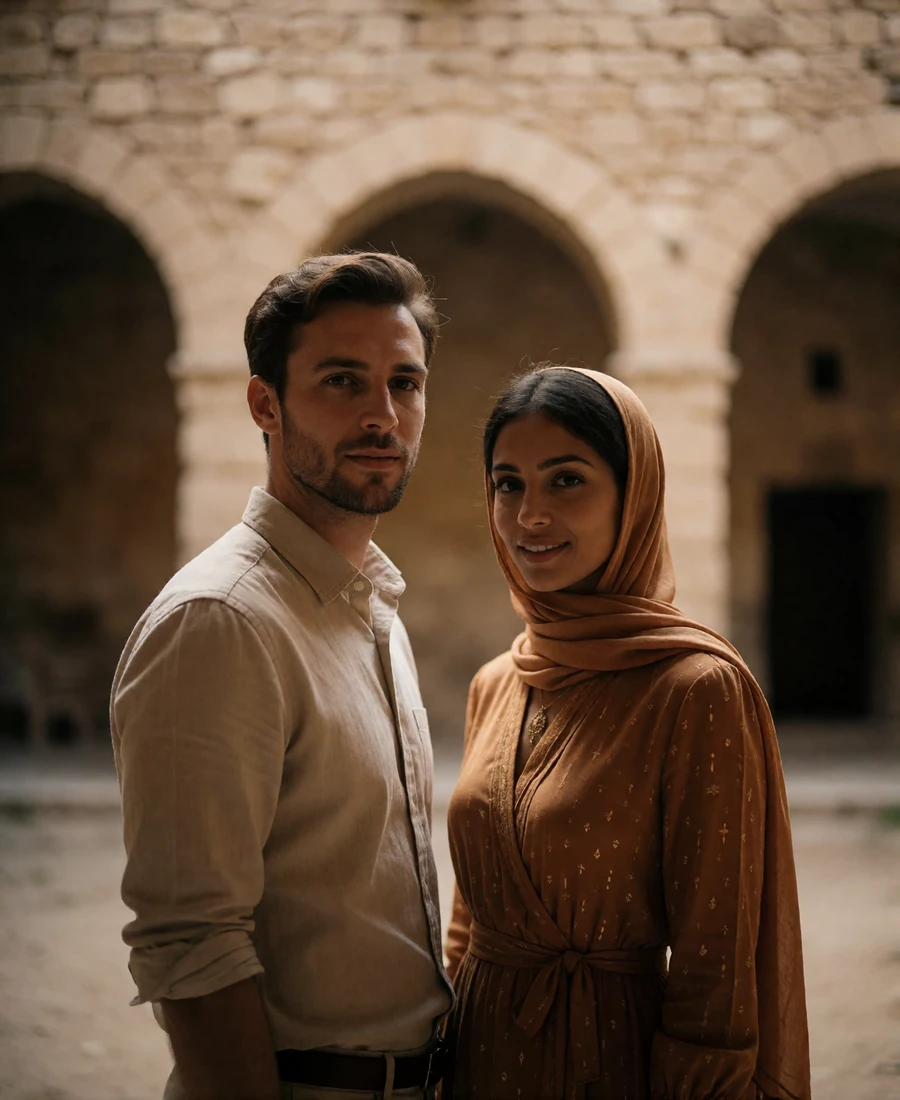 Couple standing together in a quiet stone courtyard, a Yemeni woman in a saffron dress beside a Western man