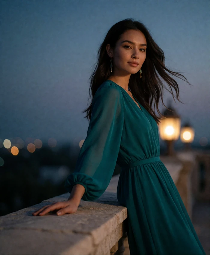 Turkmen member in a flowing teal dress leaning against a stone parapet on an evening terrace