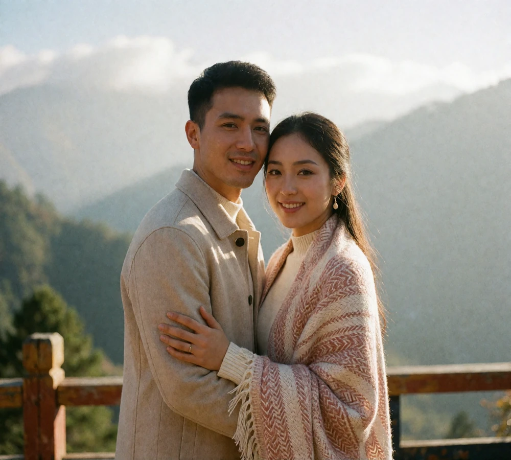 Couple standing together on a wooden mountain terrace with hazy layered ridgelines behind them
