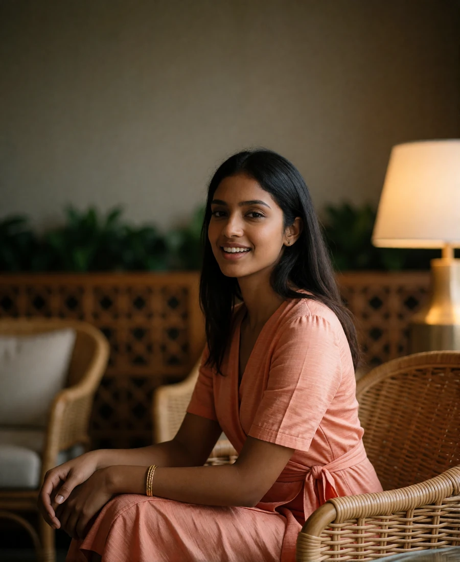 Sri Lankan member in a coral wrap dress smiling in a warmly lit rattan hotel lounge