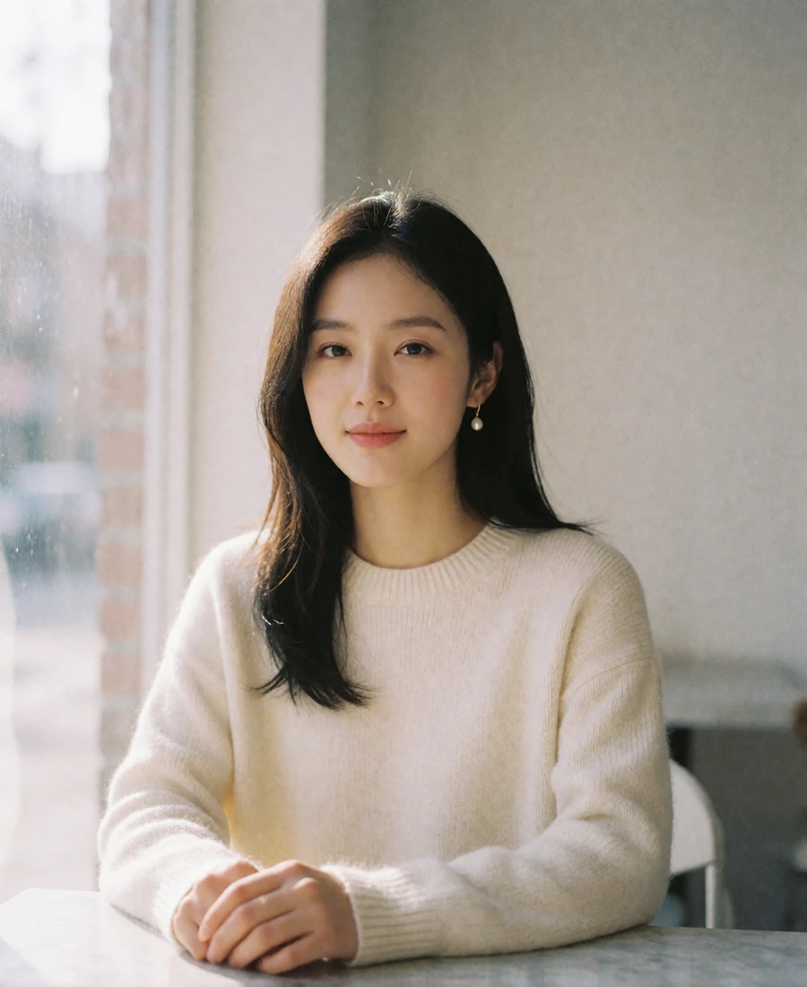 Korean woman in a cream knit sweater seated near a bright café window with a gentle reserved smile
