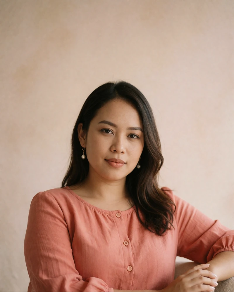 Filipino member in a coral blouse photographed against a warm sand-toned studio backdrop