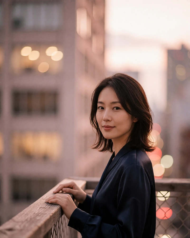 Japanese member in a navy silk blouse on a small city terrace at dusk with soft city lights behind her
