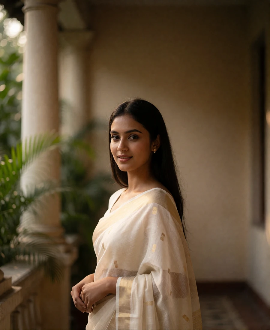 Bangladeshi woman in an ivory saree smiling on a shaded colonial veranda