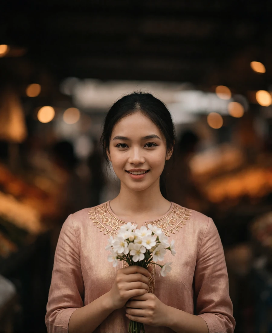 Burmese member holding a small bundle of white blossoms and smiling warmly in a covered market