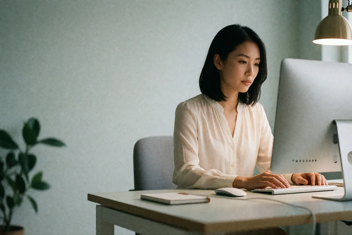 Moderation team member reviewing member records at a tidy desk in a quiet office with soft daylight
